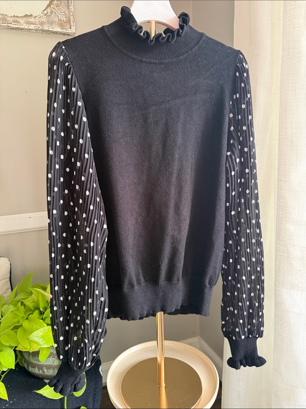 Nanette Lepore Black Sweater with Polka Dot Sheer Sleeves